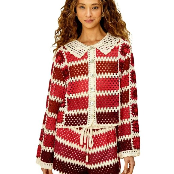 FARM Rio Sweaters - Farm Rio Colorful Crochet Granny Button-Up Cardigan MSRP $298
